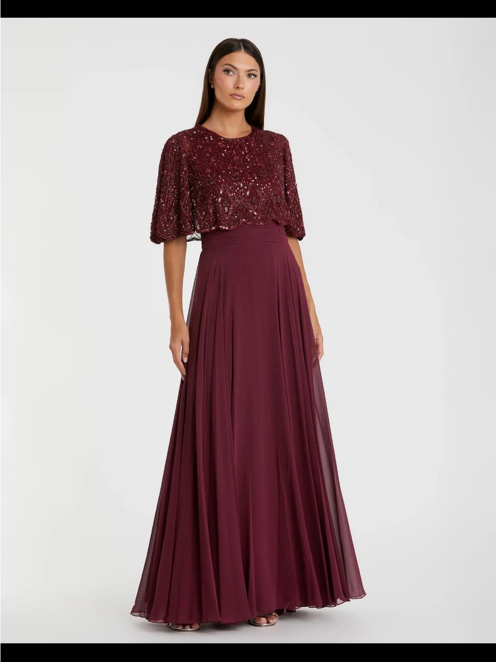 Mac Duggal Burgundy Sequin Gown with Flowing Maxi Skirt Size 14 NWT
